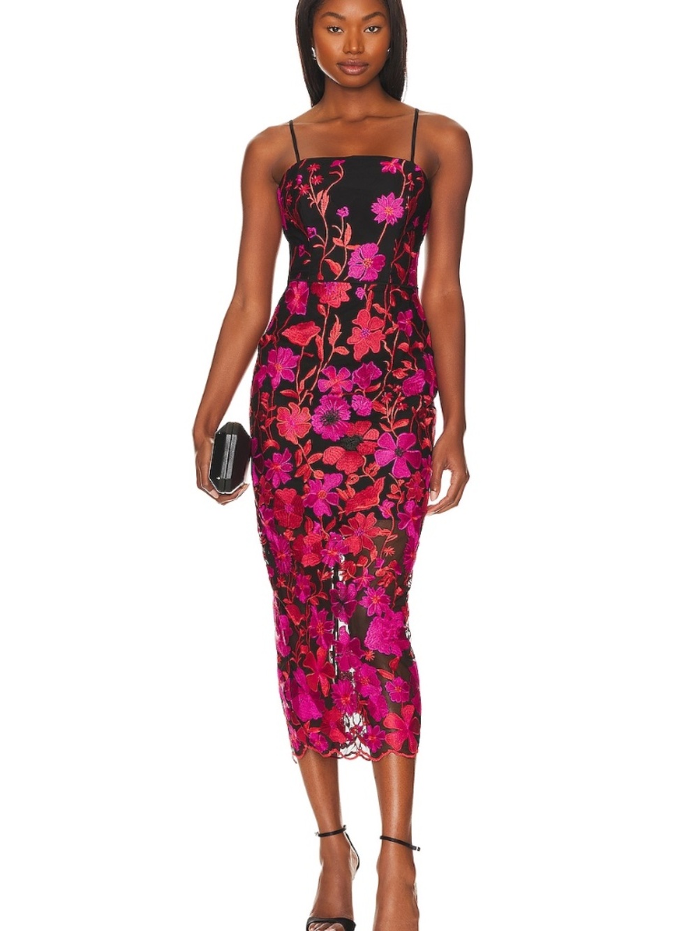 Milly Kait Embroidered Floral Dress Black Pink Midi